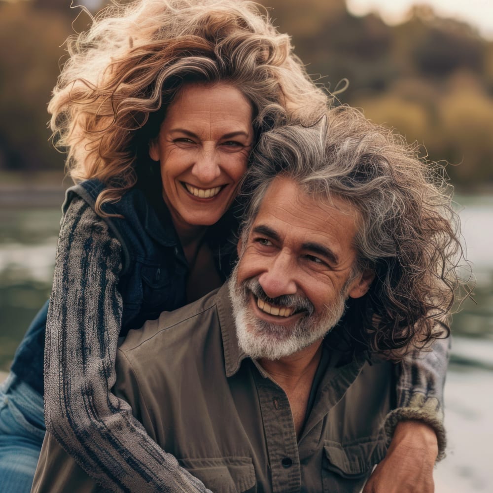 Middle-aged couple laughing while the man holds the woman on his back.